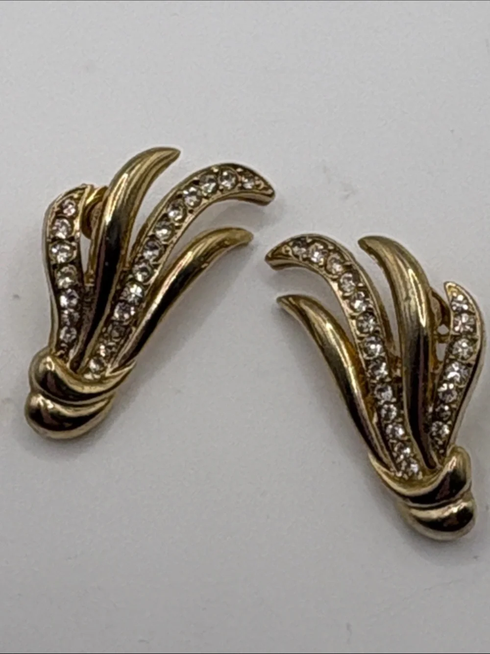 Vintage Gold Flame Style Post Back Earrings with Clear Crystals 1 1/4”